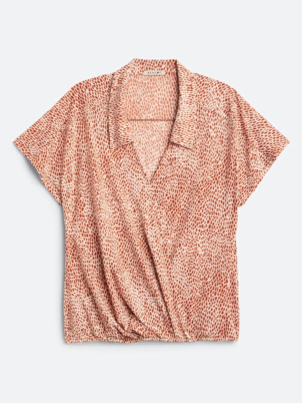 Beacon Georgie Short Sleeve Collar Knit Top Rust-and-Cream Wrap-Front